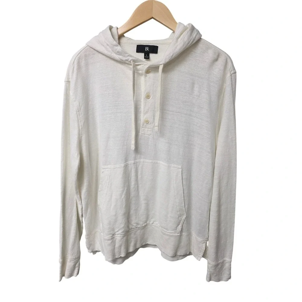Banana Republic 100% Linen Hoodie Mens L Ivory Henley Pullover Beachy Coastal